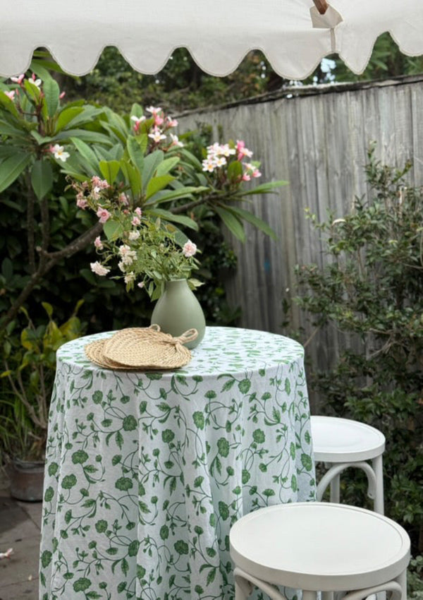 Green Floral Printed Linen Tablecloth | Hire