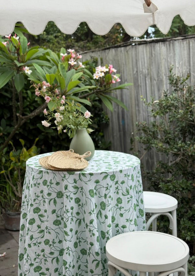 Green Floral Printed Linen Tablecloth | Hire